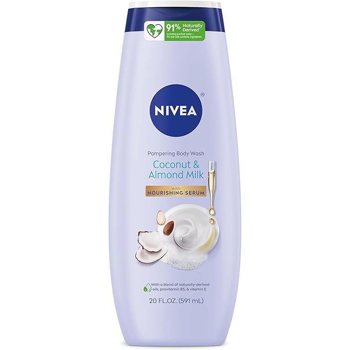 NIVEA Pampering Coconut and Almond Milk Body Wash with Nourishing Serum, Moisturizing Body Wash for Women, Enriched with Provitamin B5 and Vitamin E, 20 Fl Oz Bottle